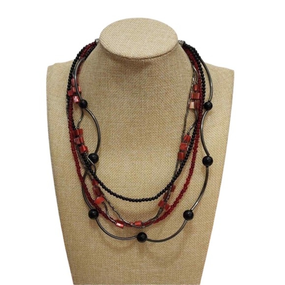 Treska Gypsy Warehouse Red Black Multi Strand Beaded Necklace Boho Gunmetal